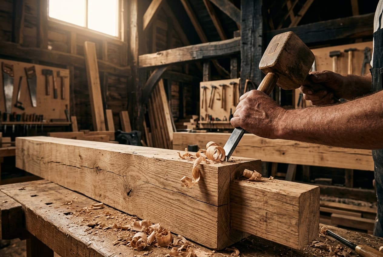 Mains d’un charpentier taillant une poutre de chêne à l’atelier