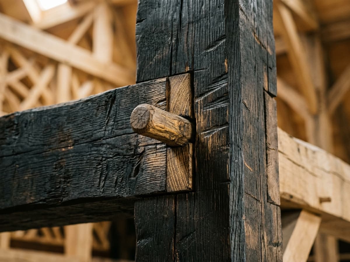 Détail d’un assemblage tenon-mortaise avec cheville en bois
