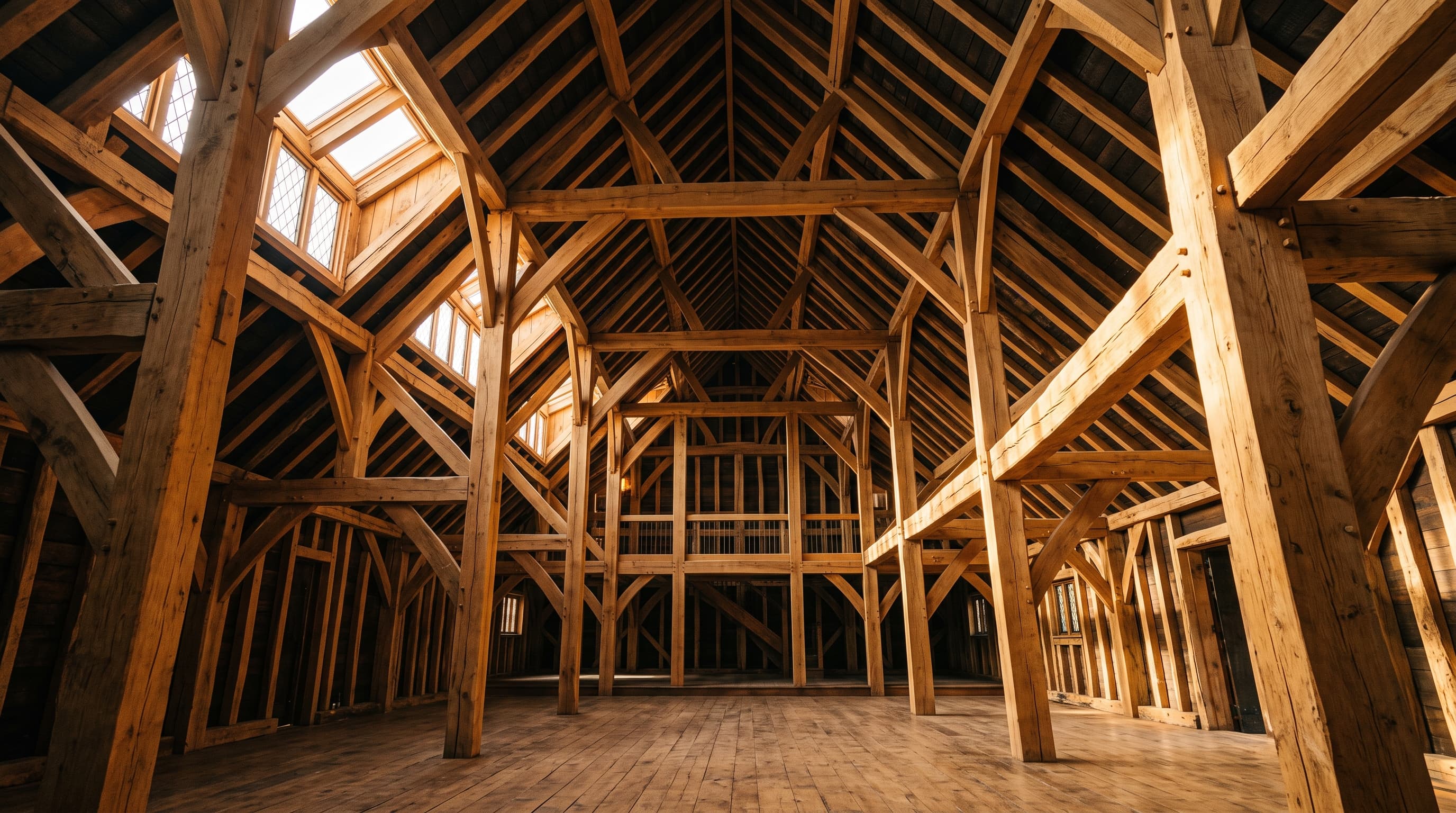 Cathédrale de bois : charpente traditionnelle apparente, lumière zénithale dorée